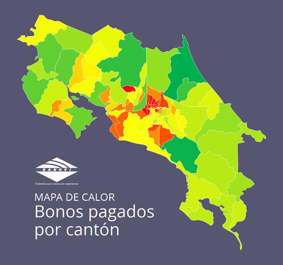 Imagen del mapa de Costa Rica con la distribución de los bonos otorgados por cantón en el 2020.